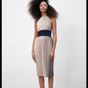 Zara midi striped pleated dress navy and beige size medium